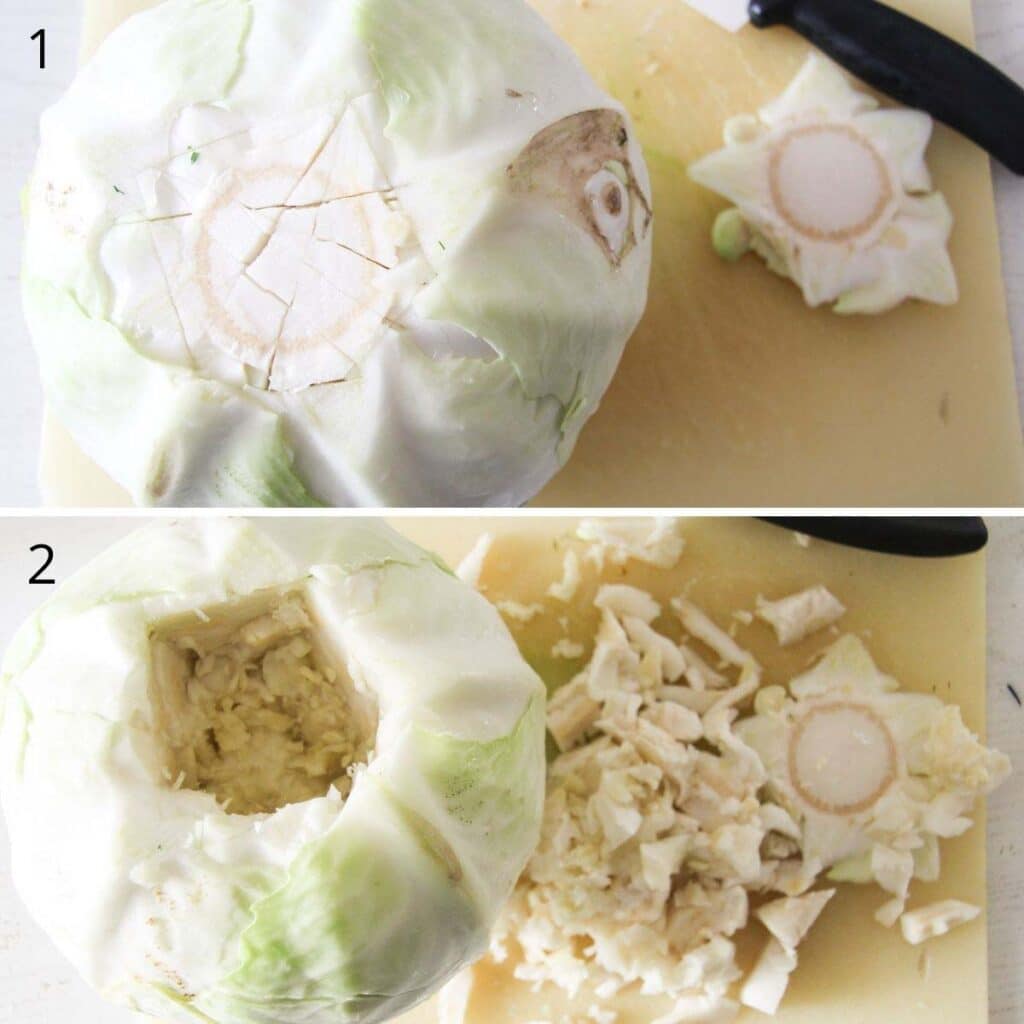 collage of two pictures showing how to remove the core from a head of cabbage.
