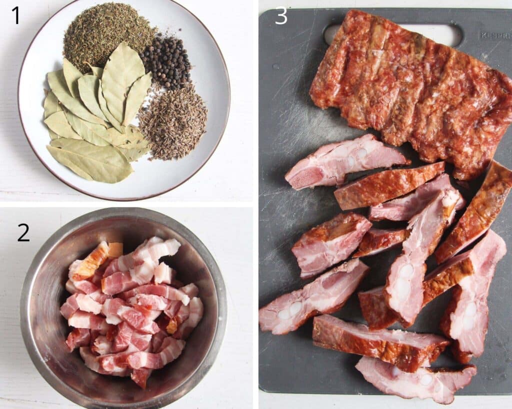 collage of three pictures of spices, cubed bacon and smoked ribs.