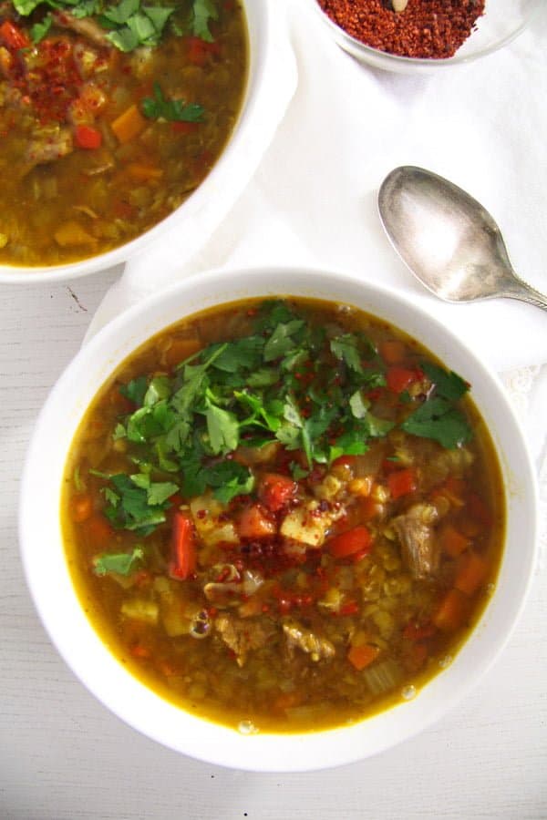 Spicy Yellow Split Lentils and Beef Soup with Vegetables