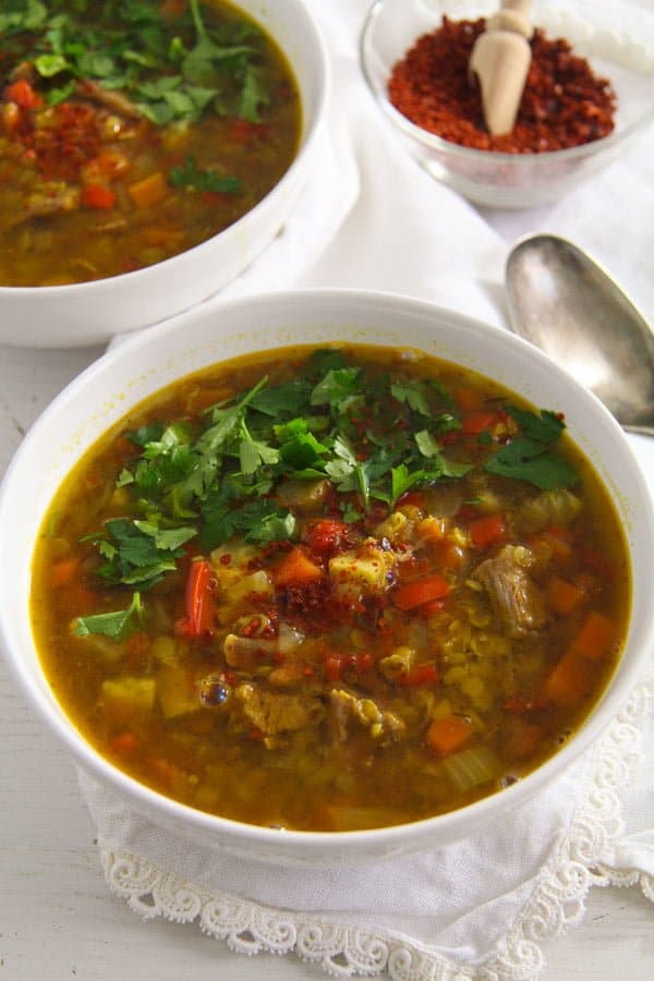 Spicy Yellow Split Lentils and Beef Soup with Vegetables