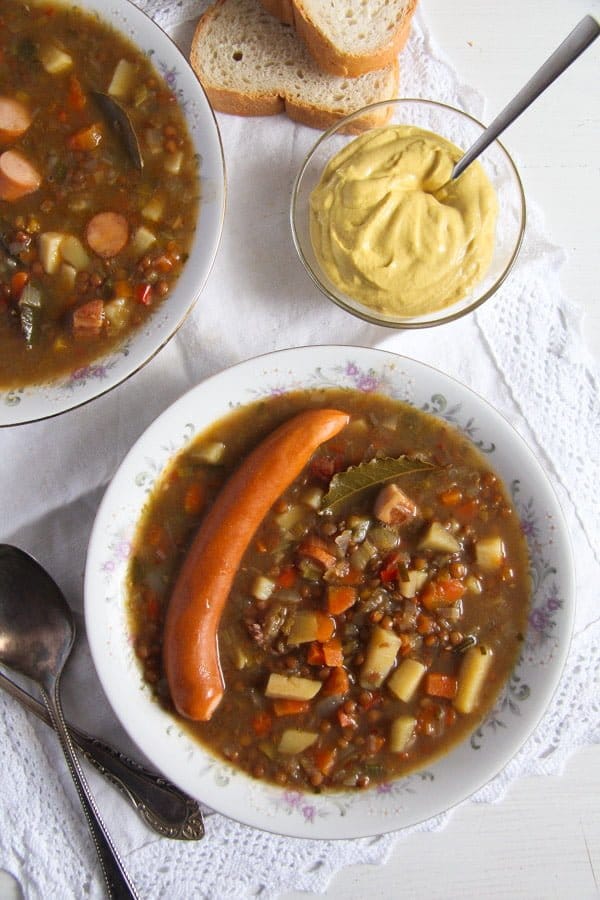 German Lentil Potato Soup with Vienna Sausages