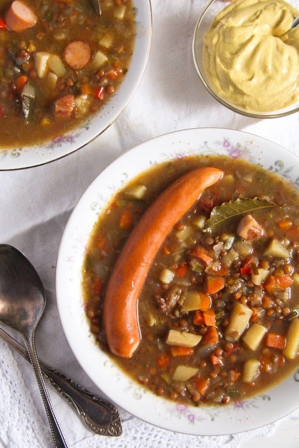 German Lentil Potato Soup with Vienna Sausages