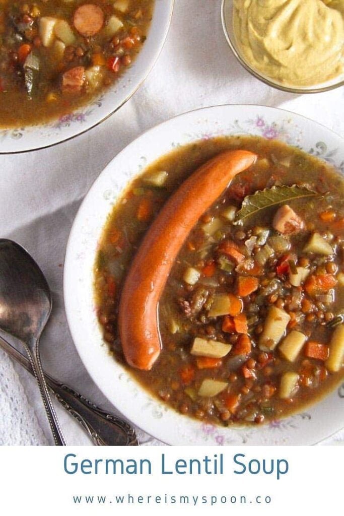 plate with german lentil soup with a sausage