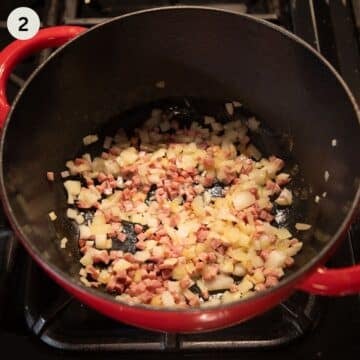 sauteing chopped bacon cubes and onion to make savoy cabbage soup in a pot.