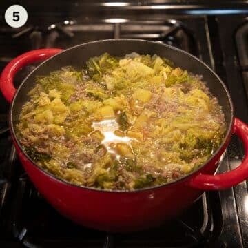 simmering soup full of savoy cabbage and ground meat in a red dutch oven.
