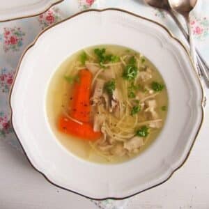 polish chicken soup with large carrot pieces, noodles and parsley.
