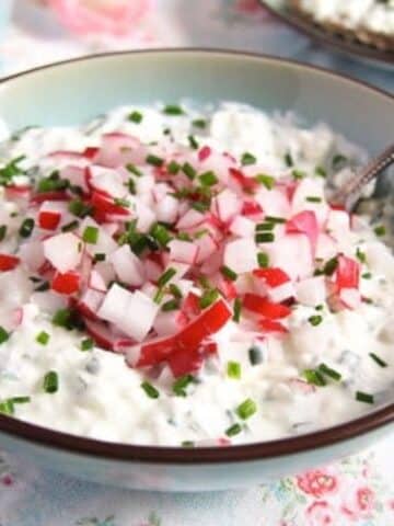 polish cottage cheese dip with radishes and parsley on top.