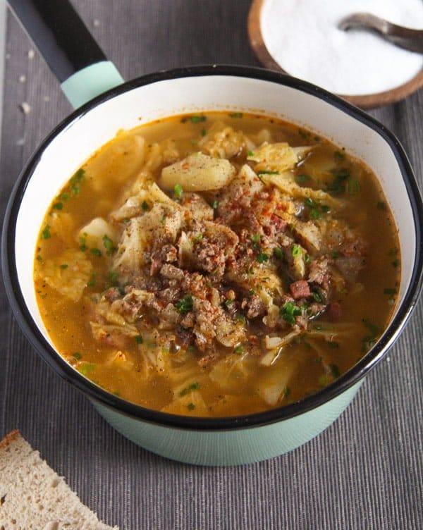 German Savoy Cabbage Soup with Ground Meat and Potatoes