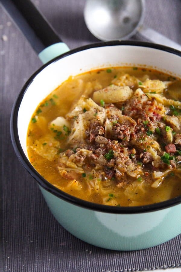 German Savoy Cabbage Soup with Ground Meat and Potatoes