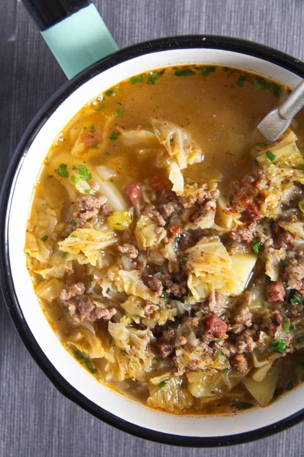 German Savoy Cabbage Soup with Ground Meat and Potatoes