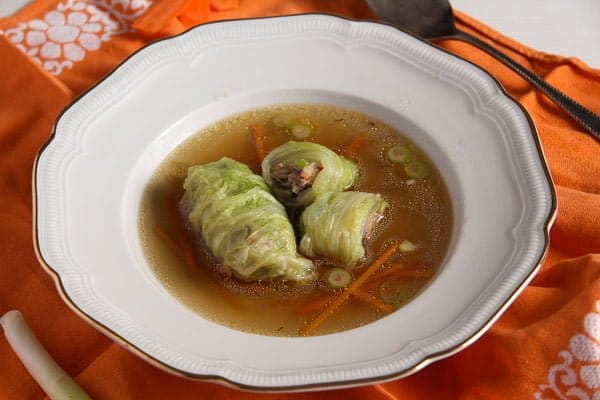 Asian Stuffed Cabbage Leaves in Chicken Ginger Broth