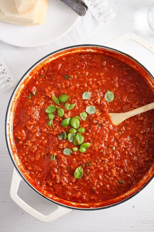 pasta sauce with ground beef and pork ready to be served