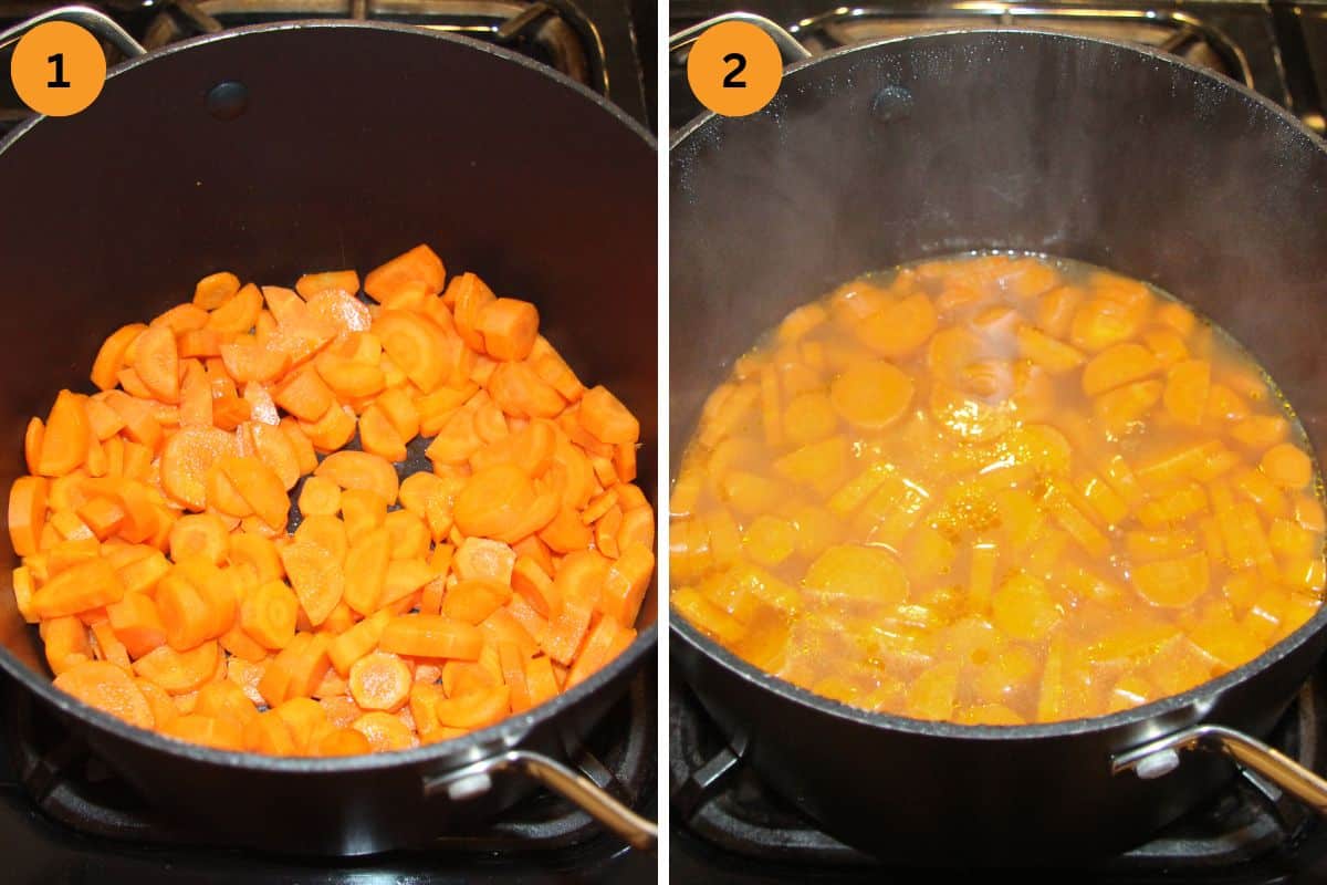 collage of two pictures of sauteing carrots and adding vegetable broth.