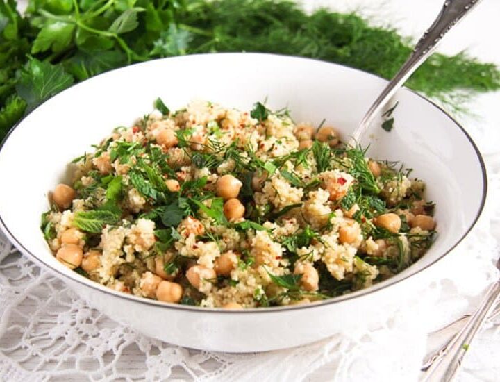 bulgur salad with herbs in a bowl