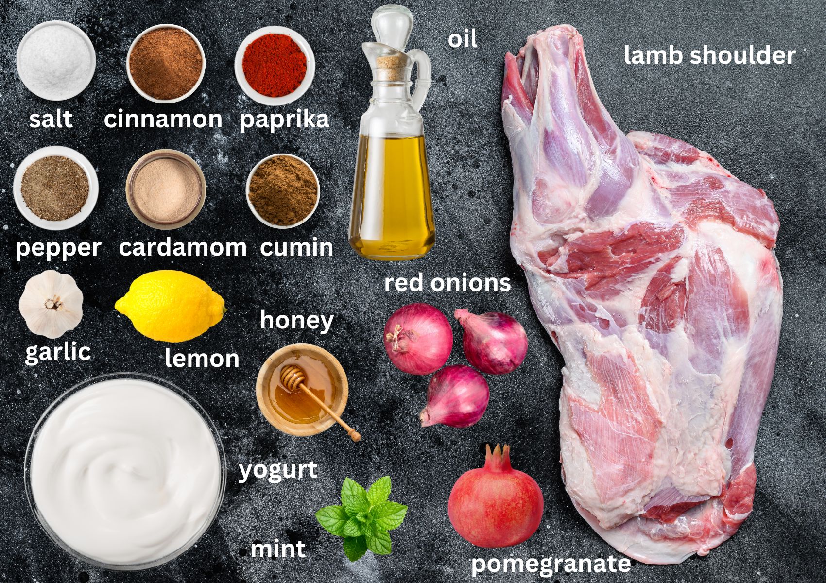 labeled ingredients for making lamb shoulder with pomegranate and mint yogurt.