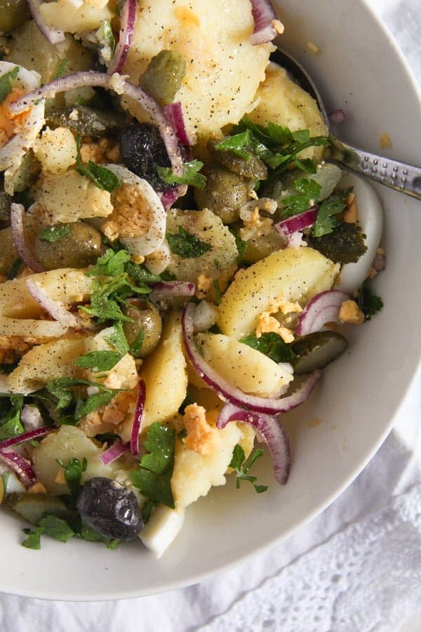 potato salad with eggs and gherkins