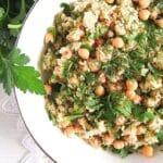 pinterest image with title for vegan bulgur wheat salad in a bowl.