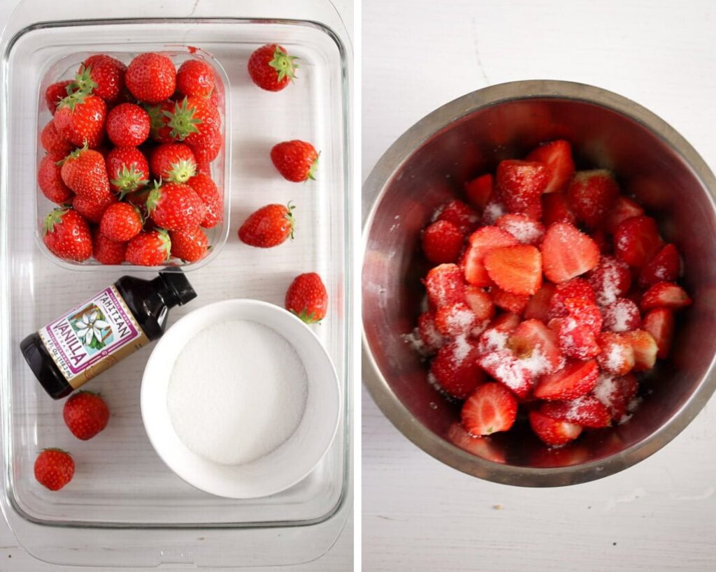 strawberries, bottle of vanilla extract and bowl of sugar