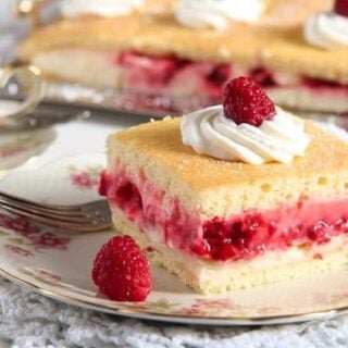 a square of raspberry lemon curd cake
