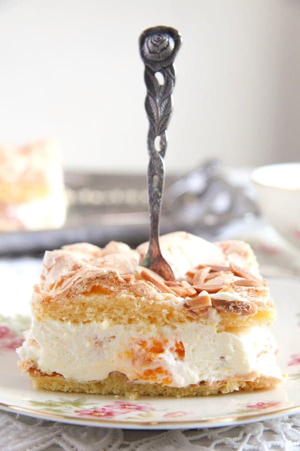 Mandarin Orange Cake with Cream and Almond Meringue