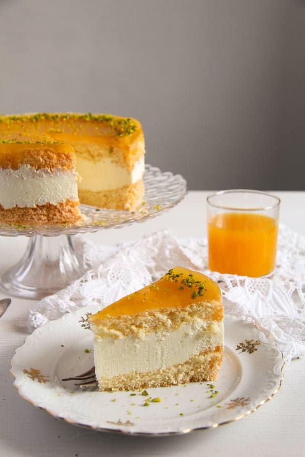 cake with quark and fruit juice sliced on a plate