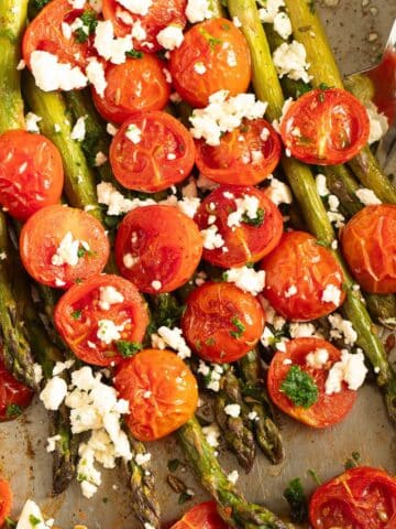 roasted asparagus and cherry tomatoes sprinkled with feta.