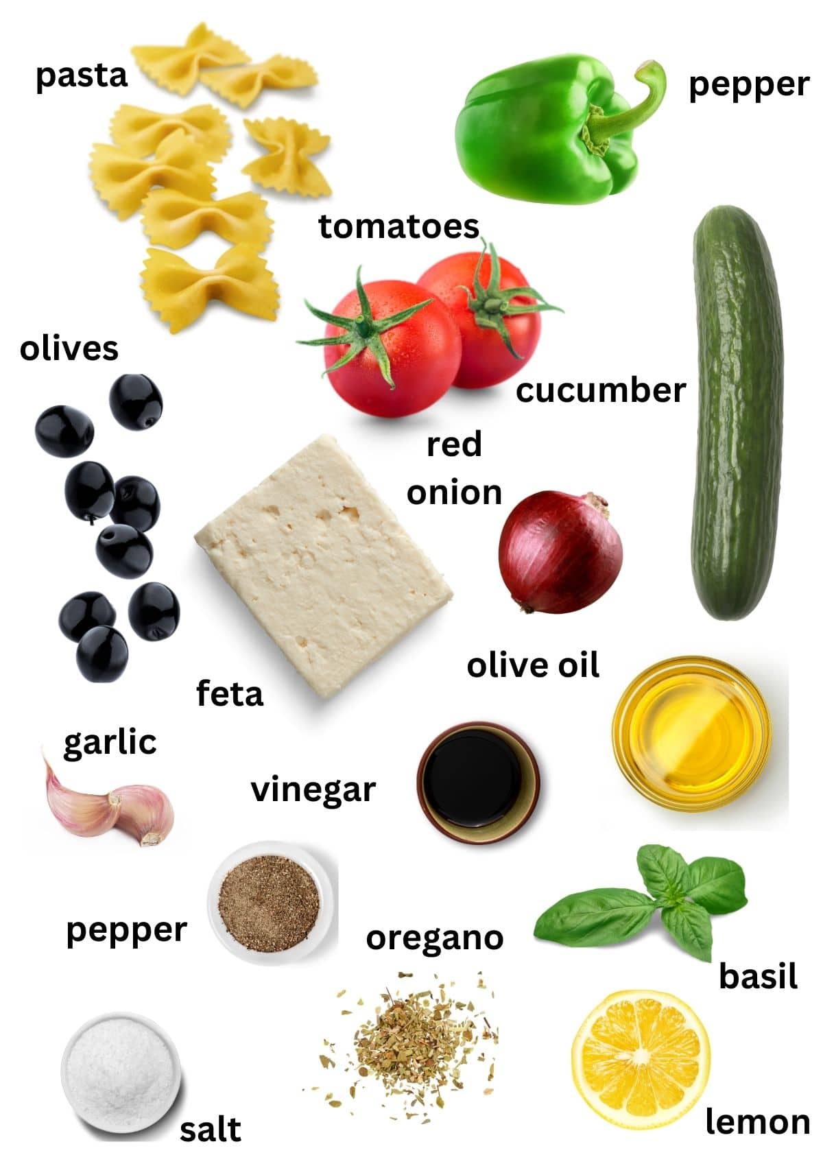 labeled ingredients for making greek style pasta salad.