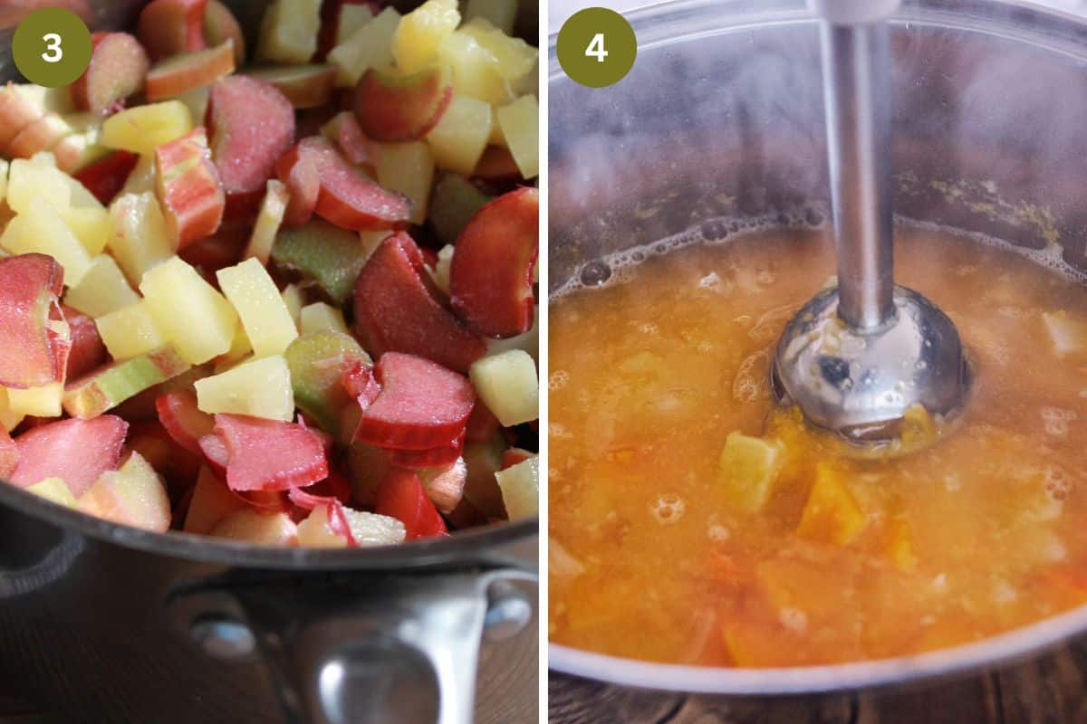 collage of two pictures of cooked rhubarb in a pot, and then blending it with immersion blender.