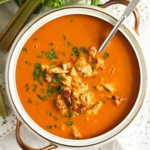 savory rhubarb soup in a vintage bowl.