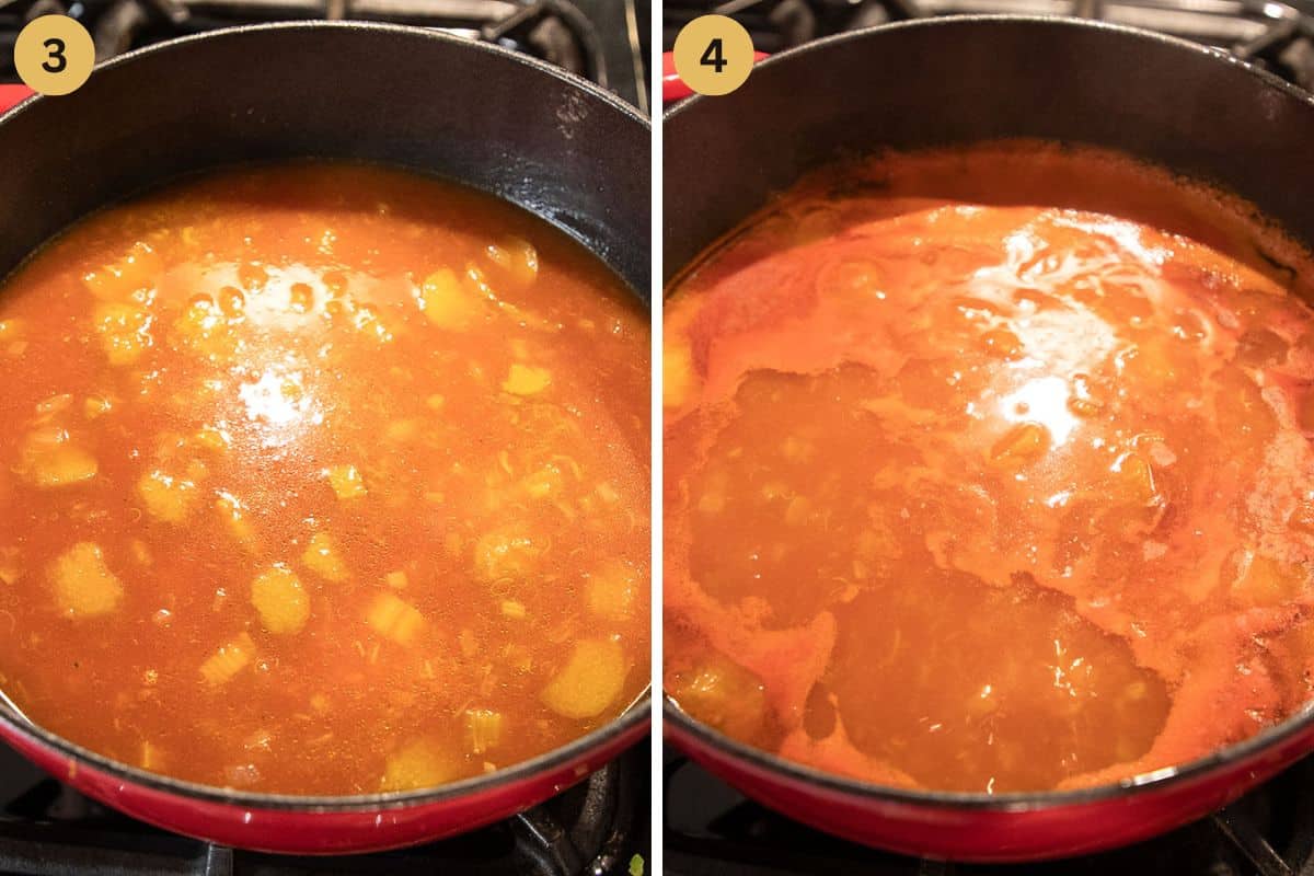 collage of two pictures of adding stock to rhubarb soup and cooking it.