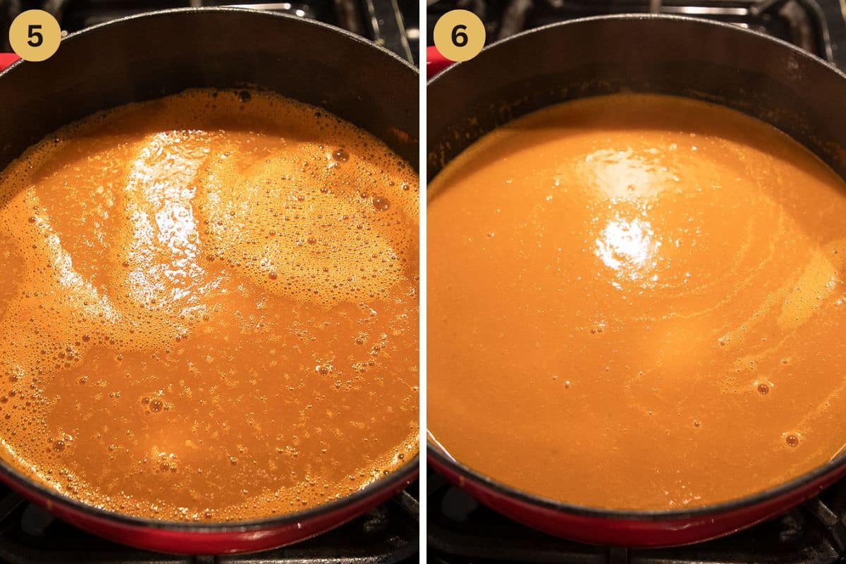 collage of two pictures of cooking tomato and rhubarb soup in a dutch oven.