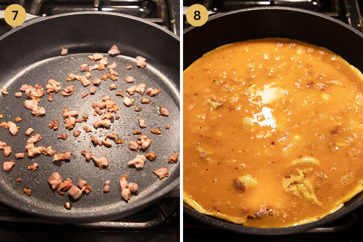 collage of two pictures of frying bacon cubes and adding beaten eggs.