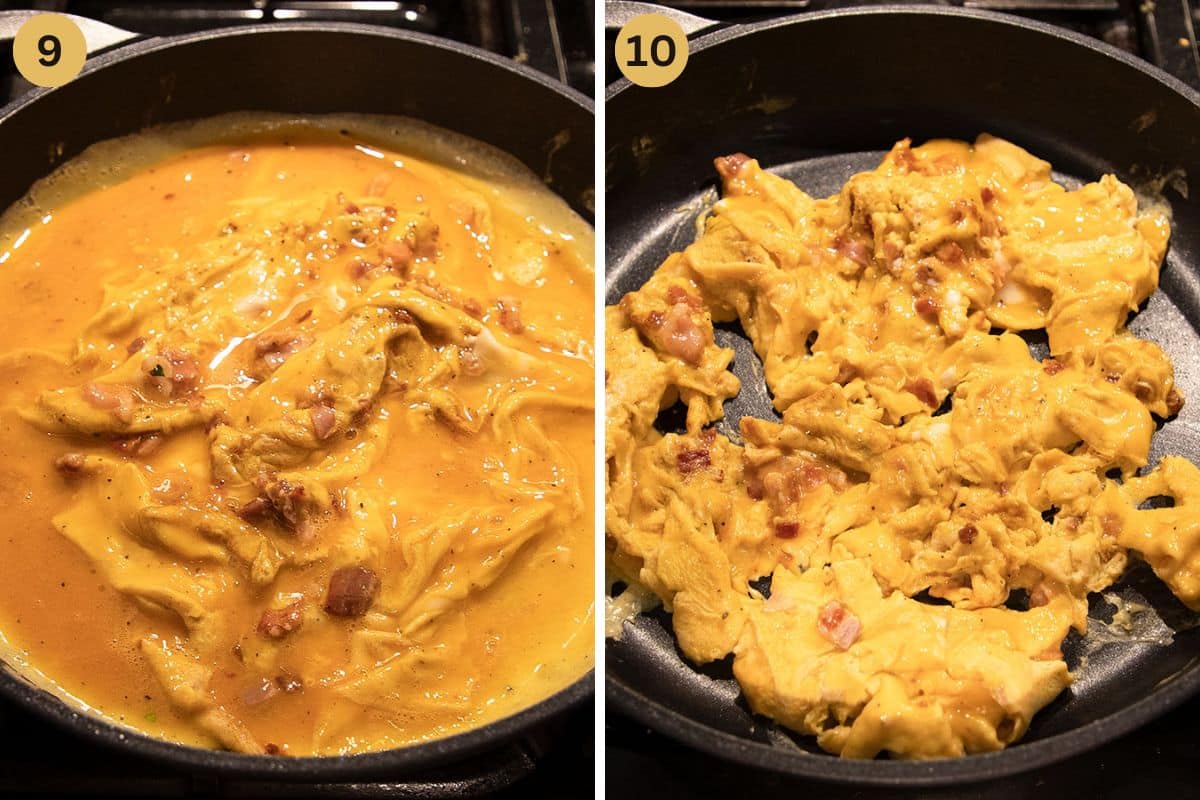 collage of two pictures of making bacon omelet in a frying pan.