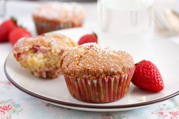 white chocoate strawberry muffin on a plate