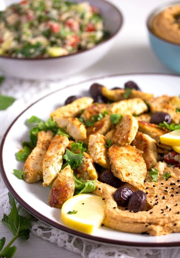 chicken shawarma plate with tabbouleh