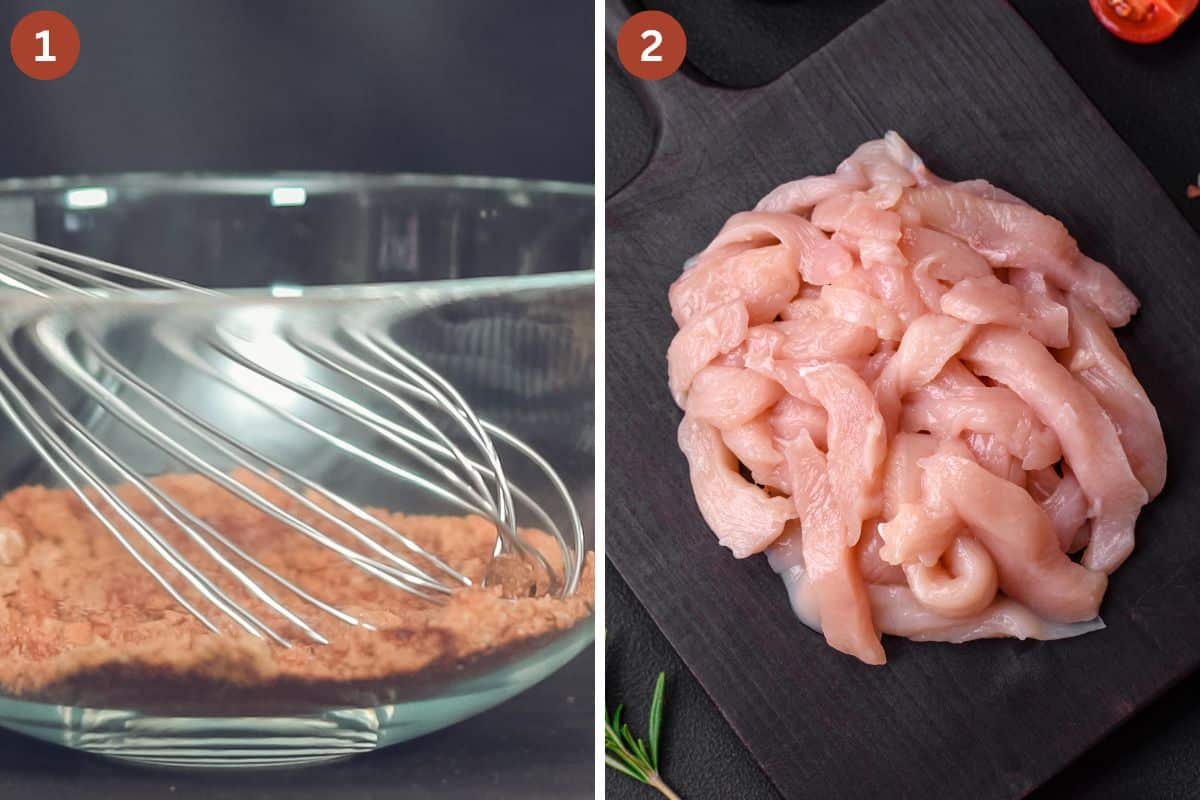 collage of two pictures of mixing spices with a hand whisk and raw, sliced chicken breast in a heap.