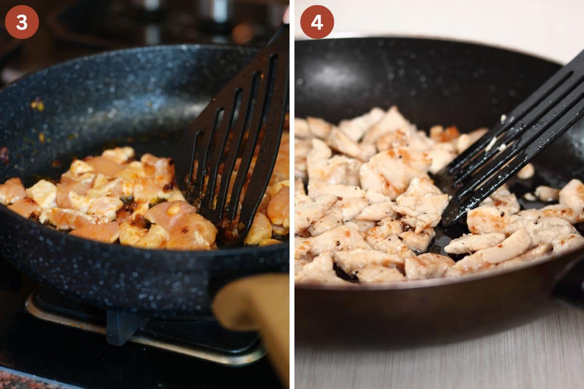 collage of two pictures of cooking and stirring chicken breast slices in a pan.