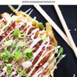 pinterest image with title for japanese cabbage pancakes.