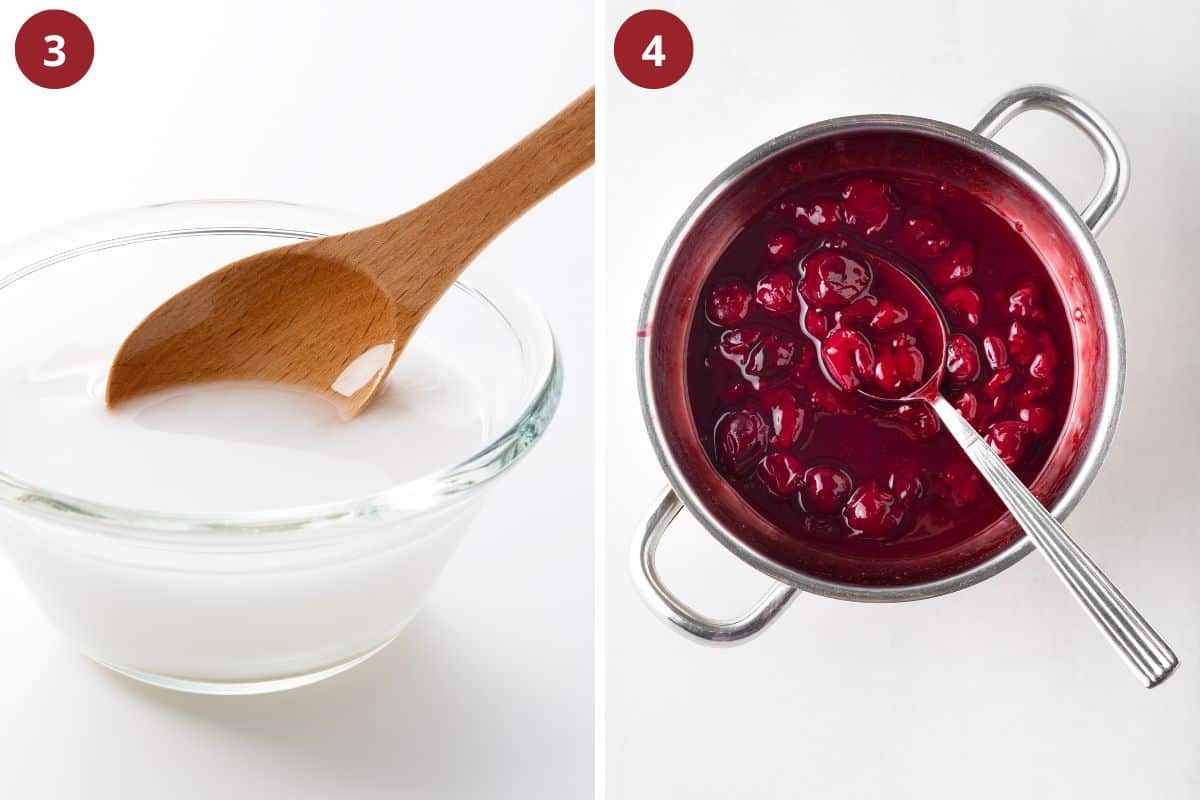 collage of two pictures of cornstarch slury in a bowl and cherry sauce in a pot.