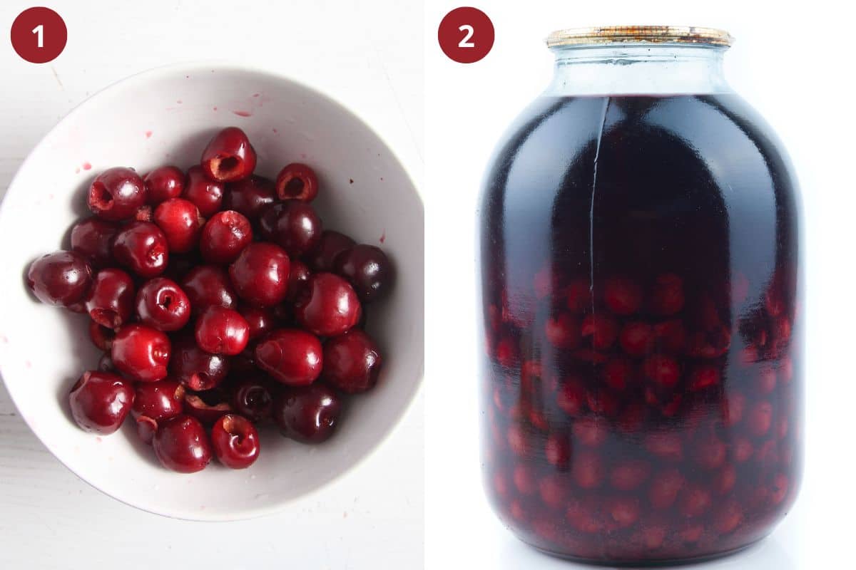 collage of two pictures of pitted cherries in a bowl and canned cherries in a jar.