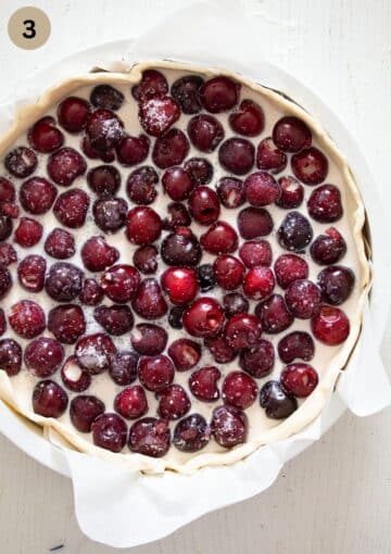 unbaked swiss cherry pie filled with fresh cherries and cream filling.