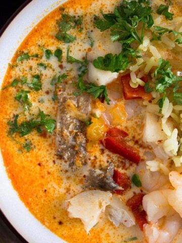 full bowl of moqueca de peixe with brazilian rice
