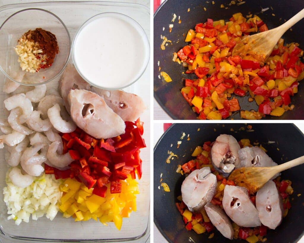 ingredients and frying peppers and fish for moqueca