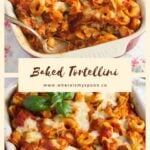 baked tortellini with tomatoes pinterest image with title.