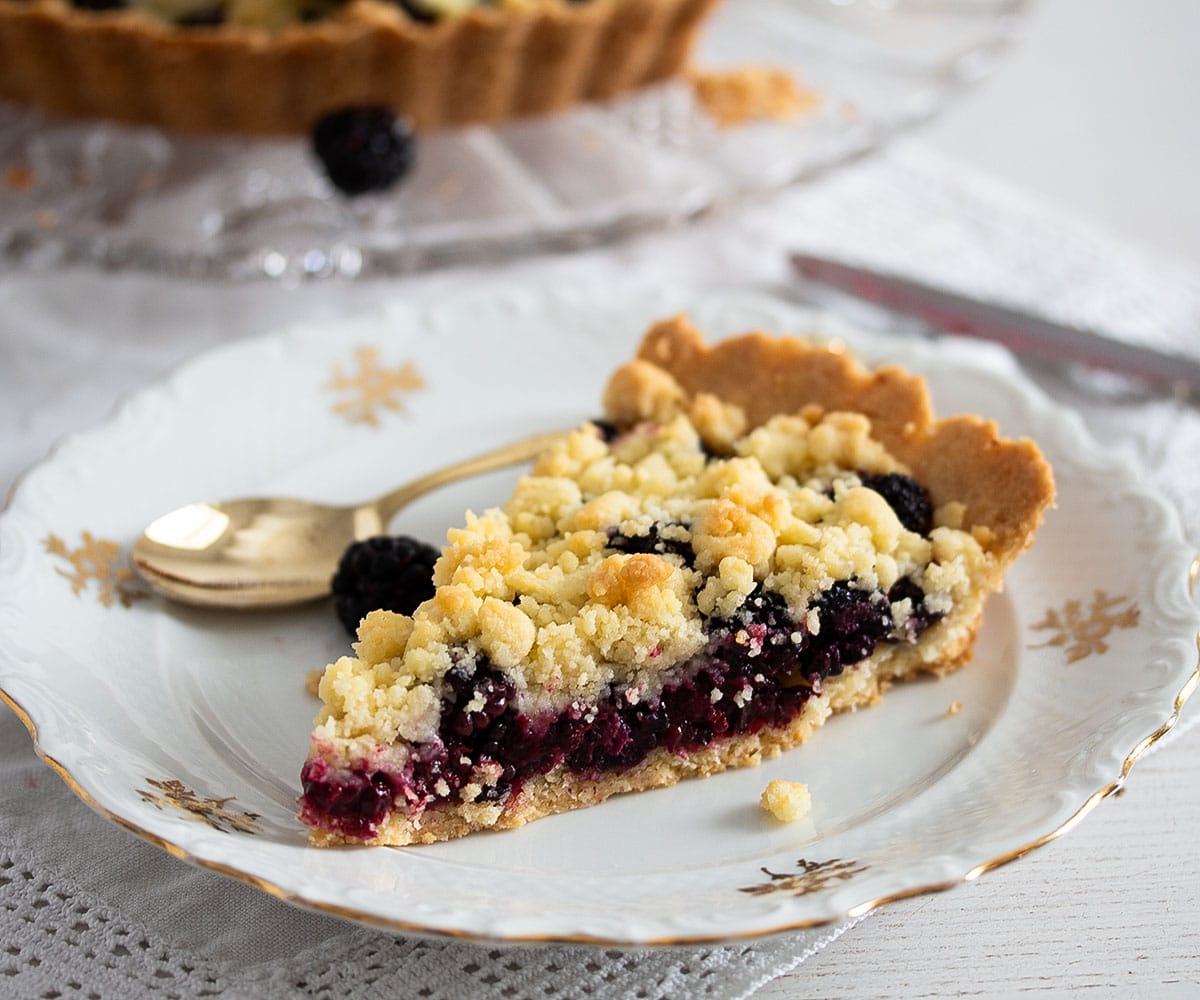 slice of juicy pie with blackberry filling on a vintage plate with a spoon.