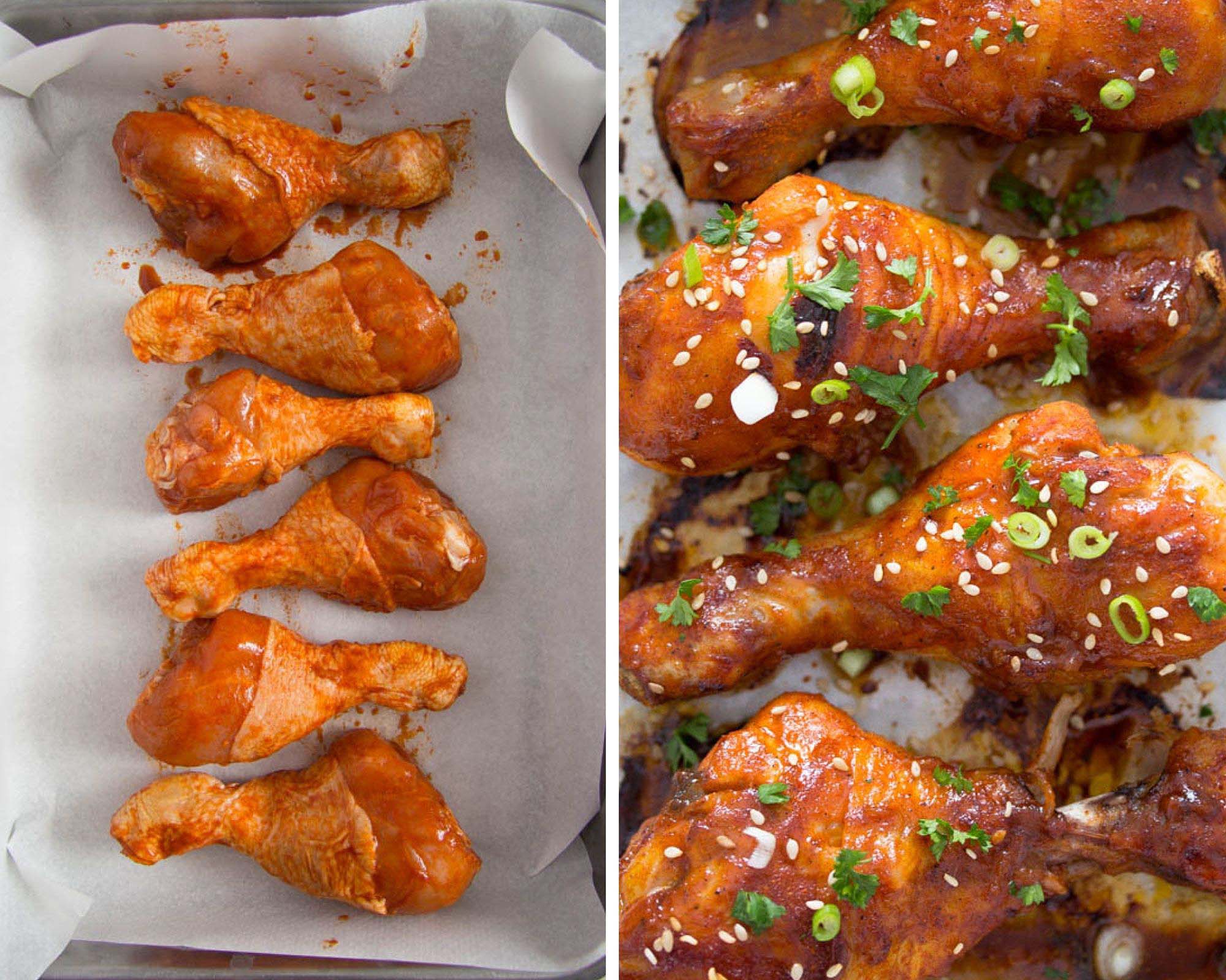 collage of two pictures of marinated poultry before and after roasting.