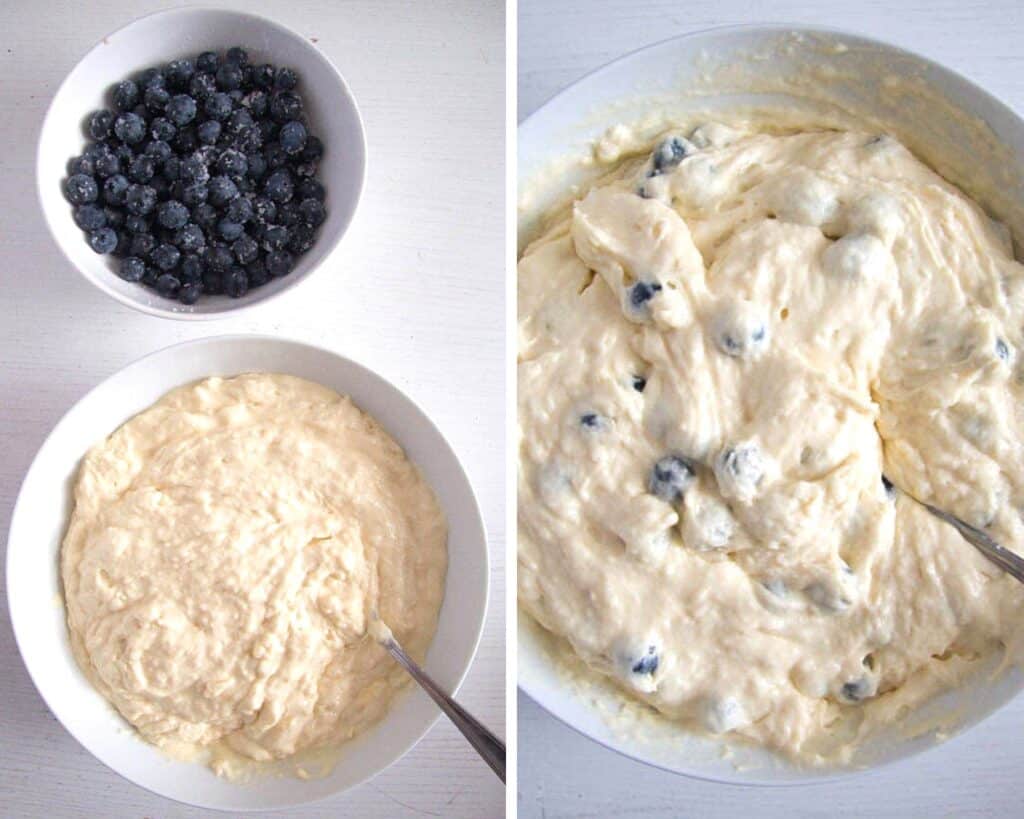 batter for cake in a white bowl and berries in a small bowl