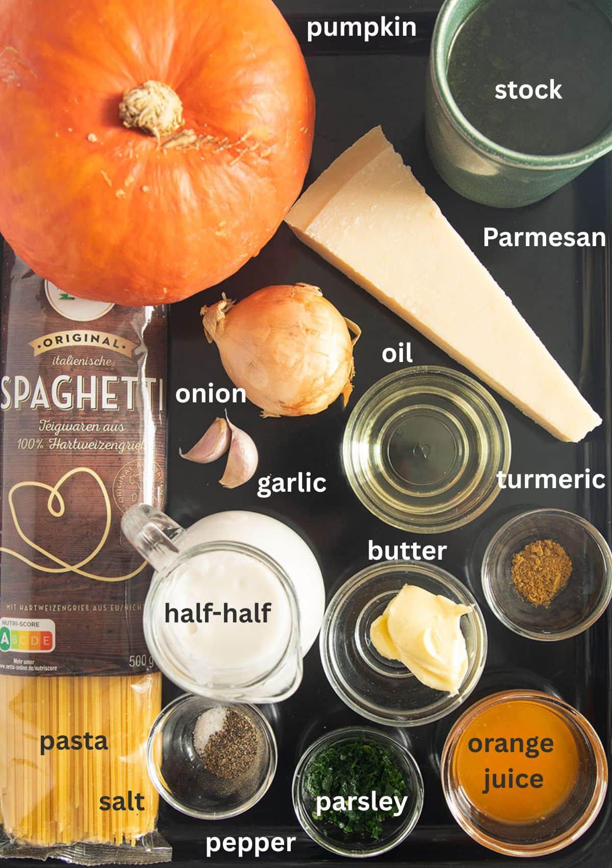 labeled ingredients for making pumpkin pasta sauce with hokkaido, half-half, and parmesan.