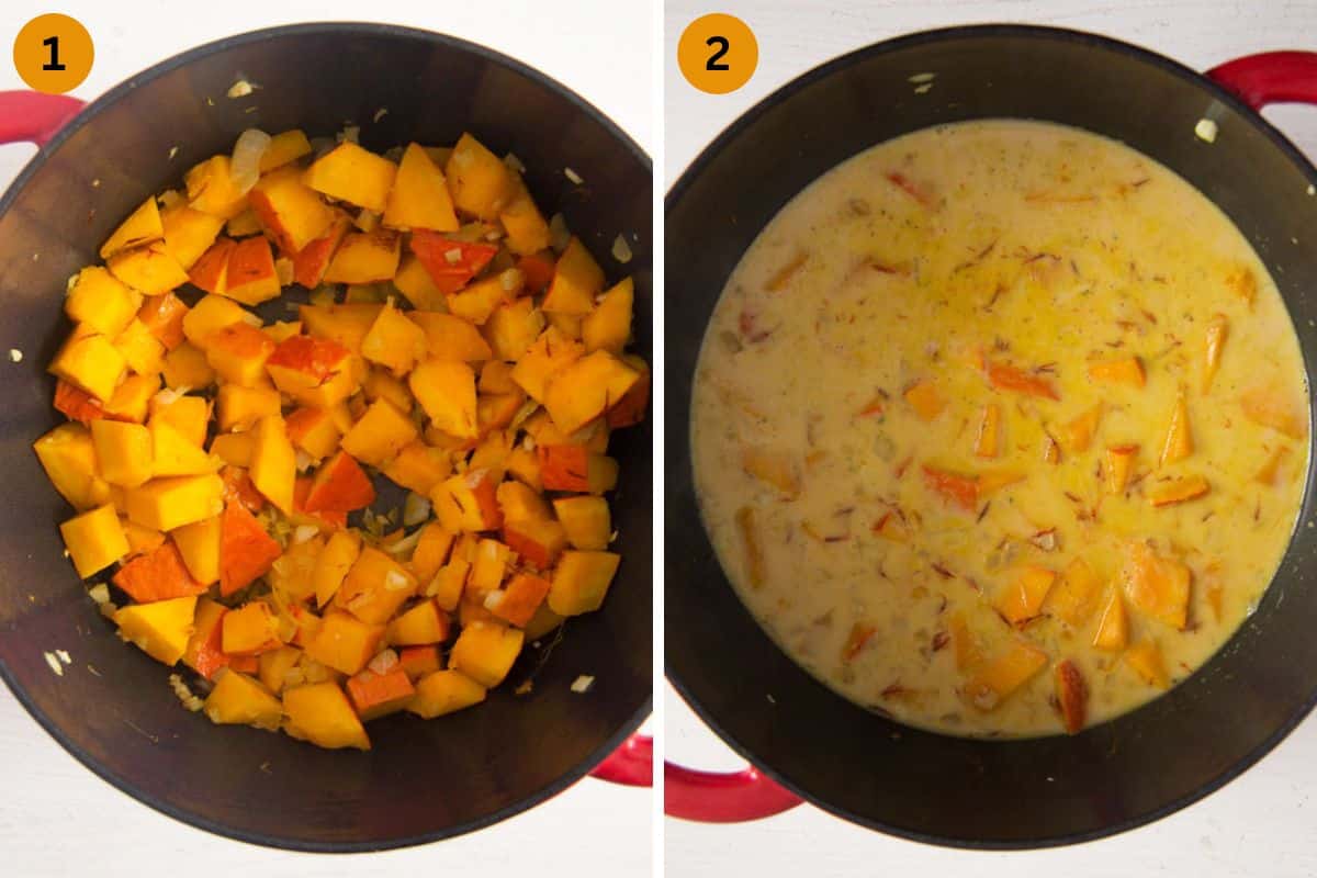 collage of two pictures of braising and then cooking pumpkin cubes in evaporated milk.