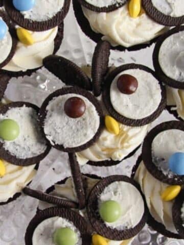 many owl cupcakes with large and cute eyes made with oreos.
